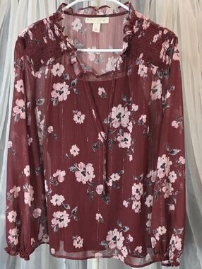 #254 Emaline Women's Burgundy Floral Long-Sleeve Blouse with Ruffle Neck